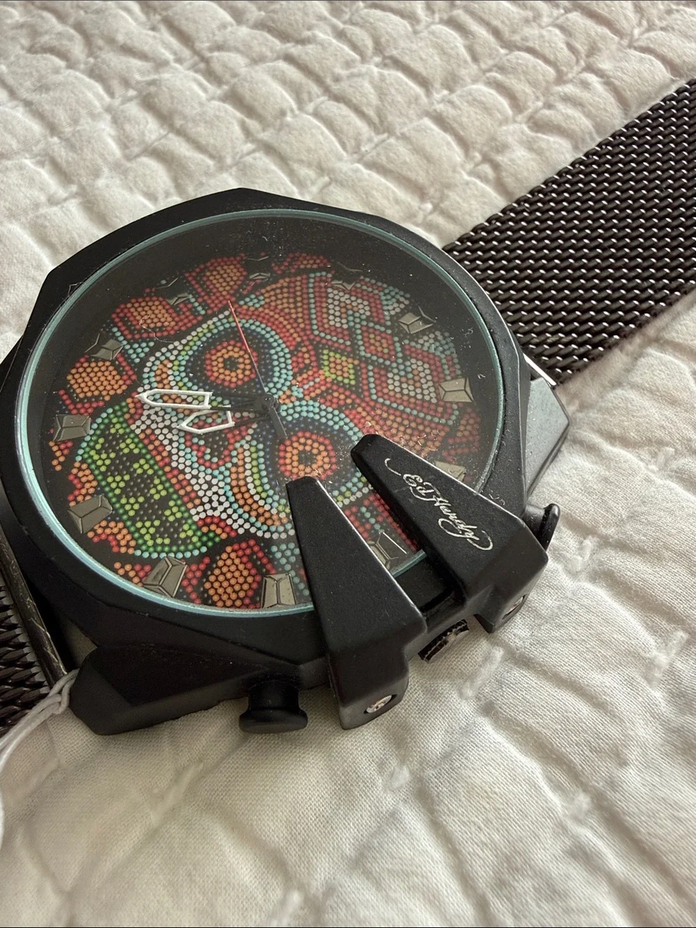 Ed Hardy Multicolor Skull Mosaic Mesh Strap Watch